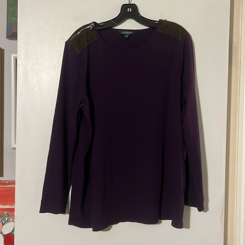 Ralph Lauren purple long sleeve tee w/faux suede detail at shoulder